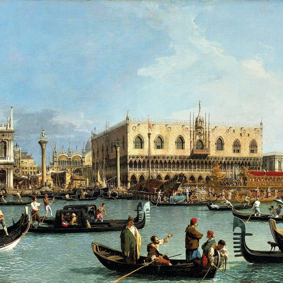 Painting of boats on a canal