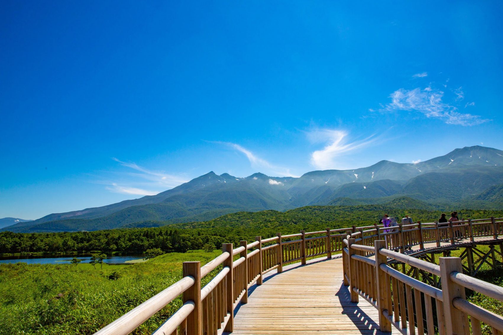Bridge going towards the mountain surrounded by lush greenery and a blue sky