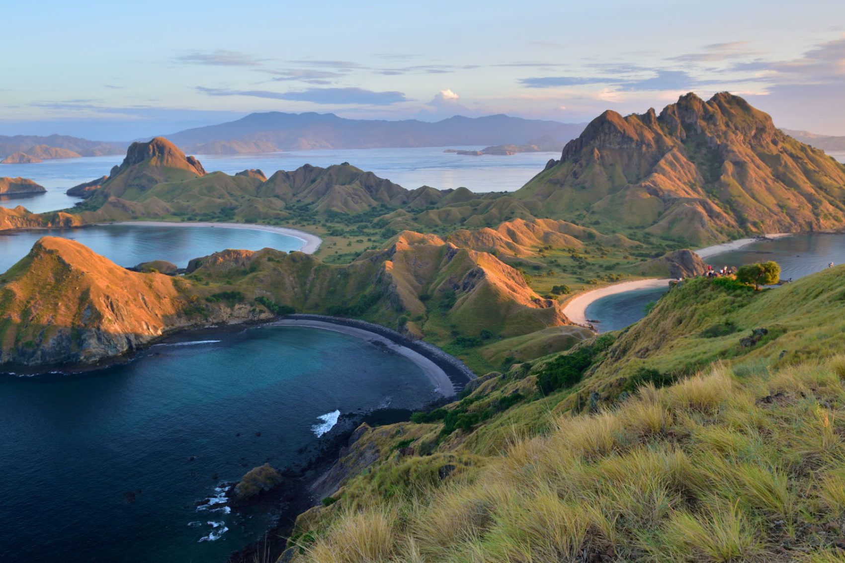 Mountain scenery at sunset surrounded by the ocean