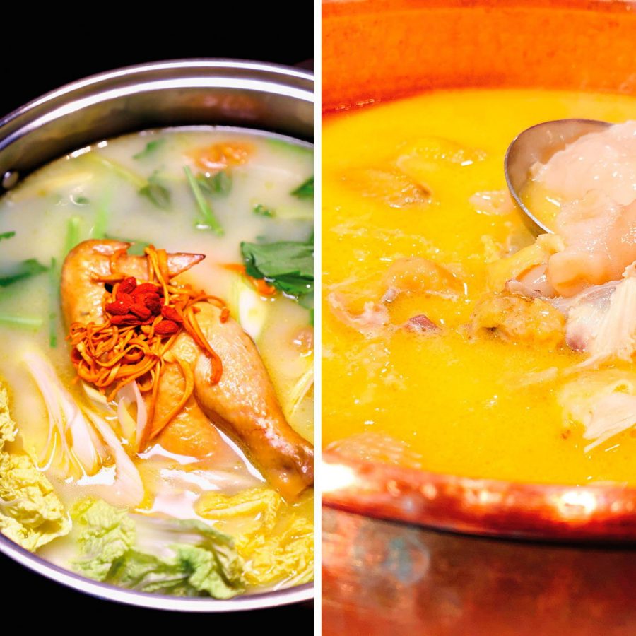 Two close-up shots of healthy Chinese herbal hot pot.