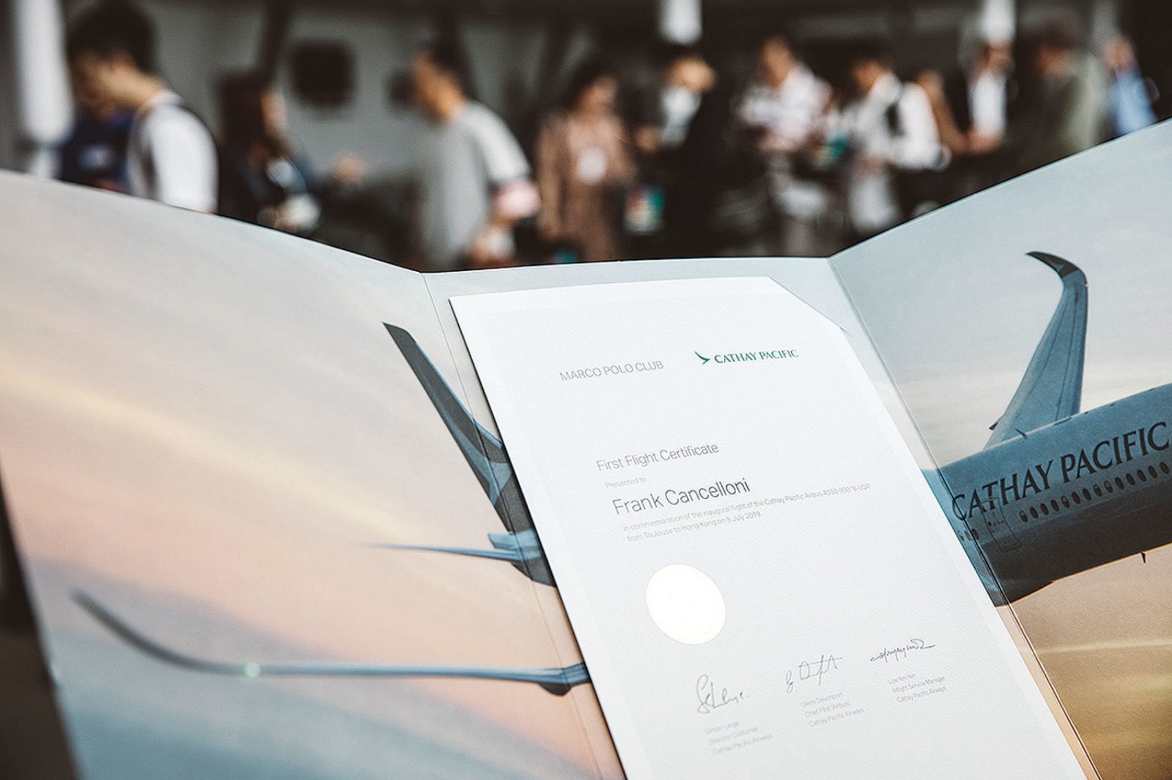 A first flight certificate for Cathay member Frank Cancelloni.