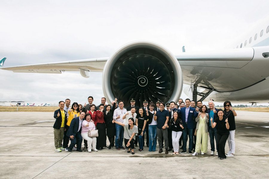 Cathay members on the tarmac for the delivery of a new Cathay A350-900