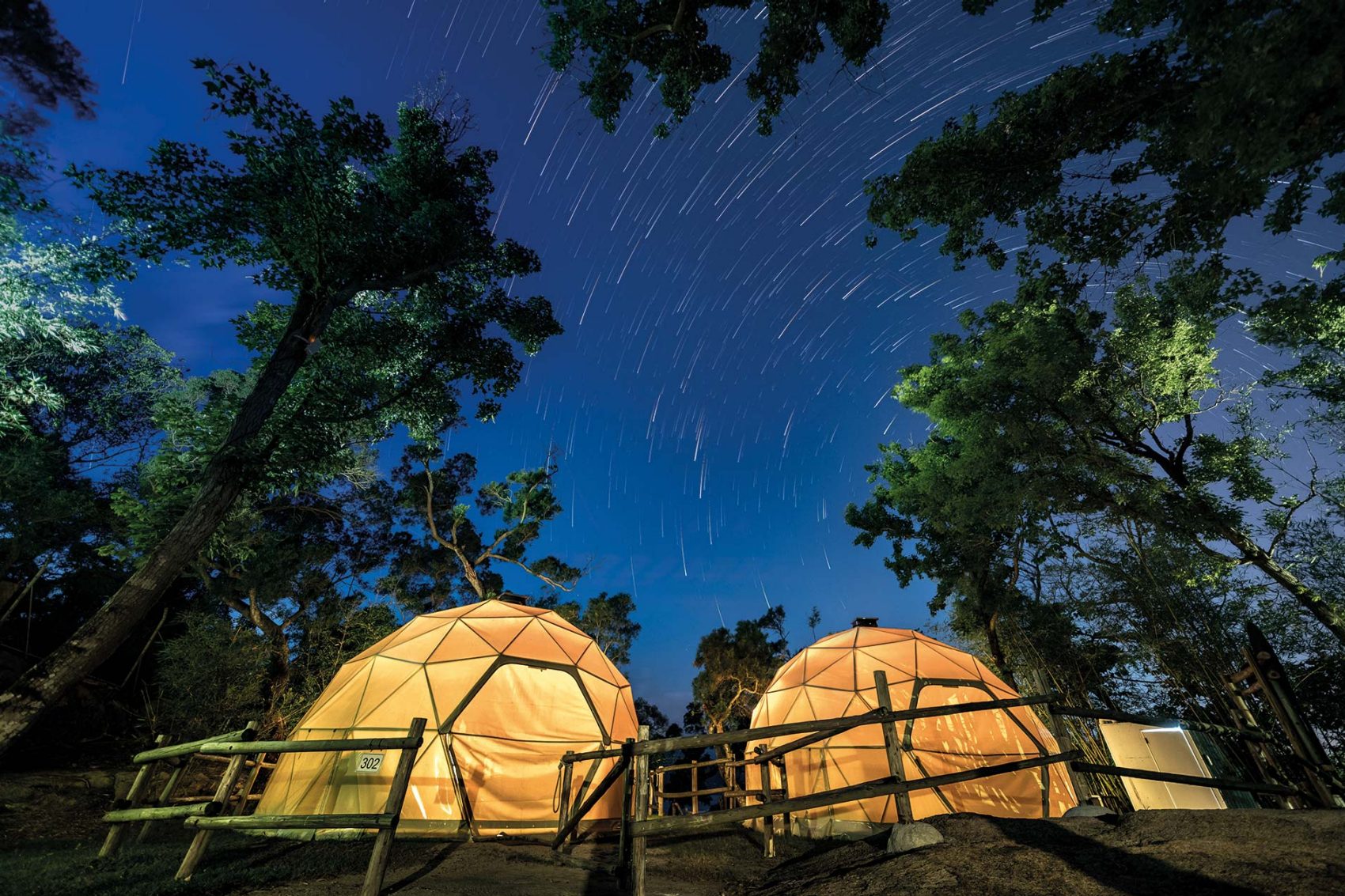 Glamping tents beneath a starry sky