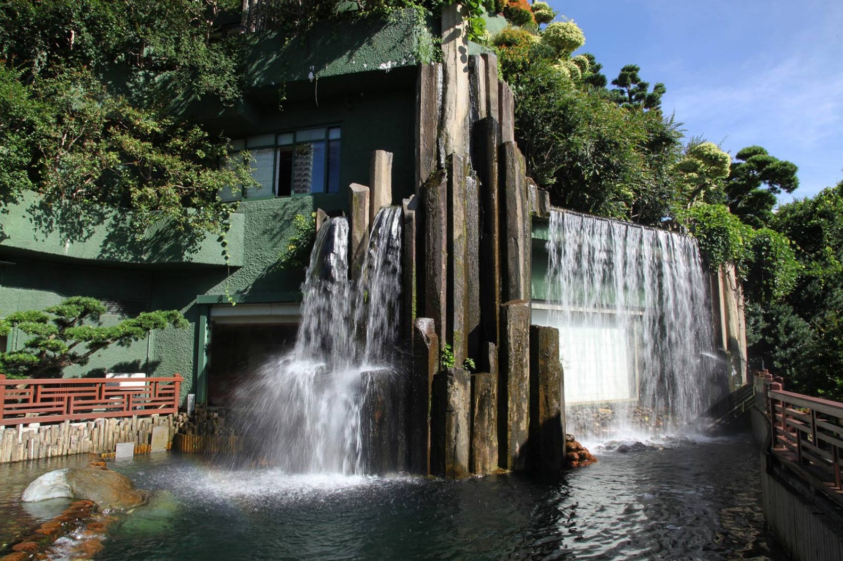 Exterior of Chi Lin nunnery restaurant, with waterfall feature. 