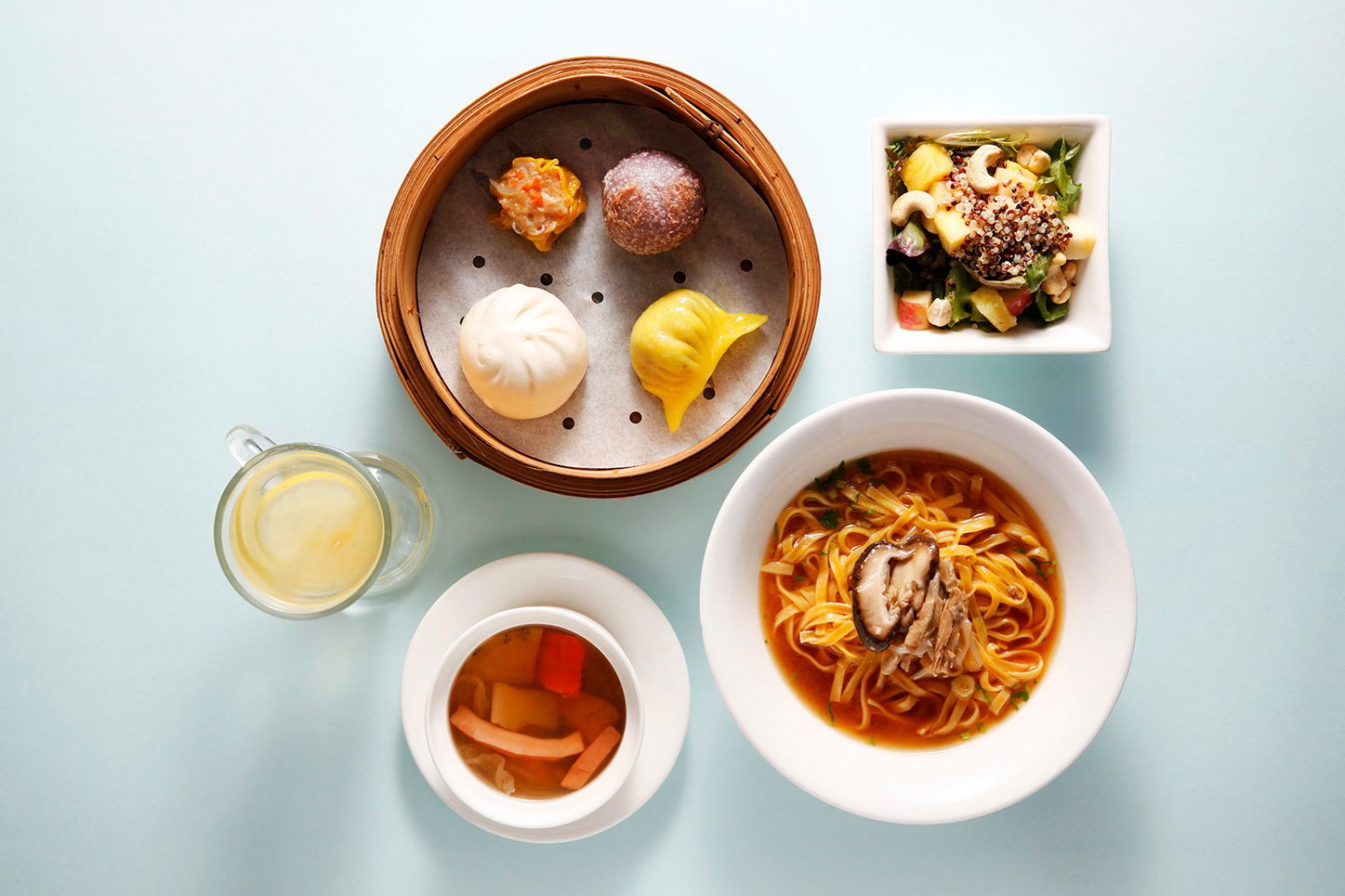 Overhead shot of vegetarian dishes from Leisurely Veggie 