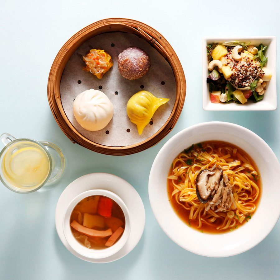 Overhead shot of vegetarian dishes from Leisurely Veggie 