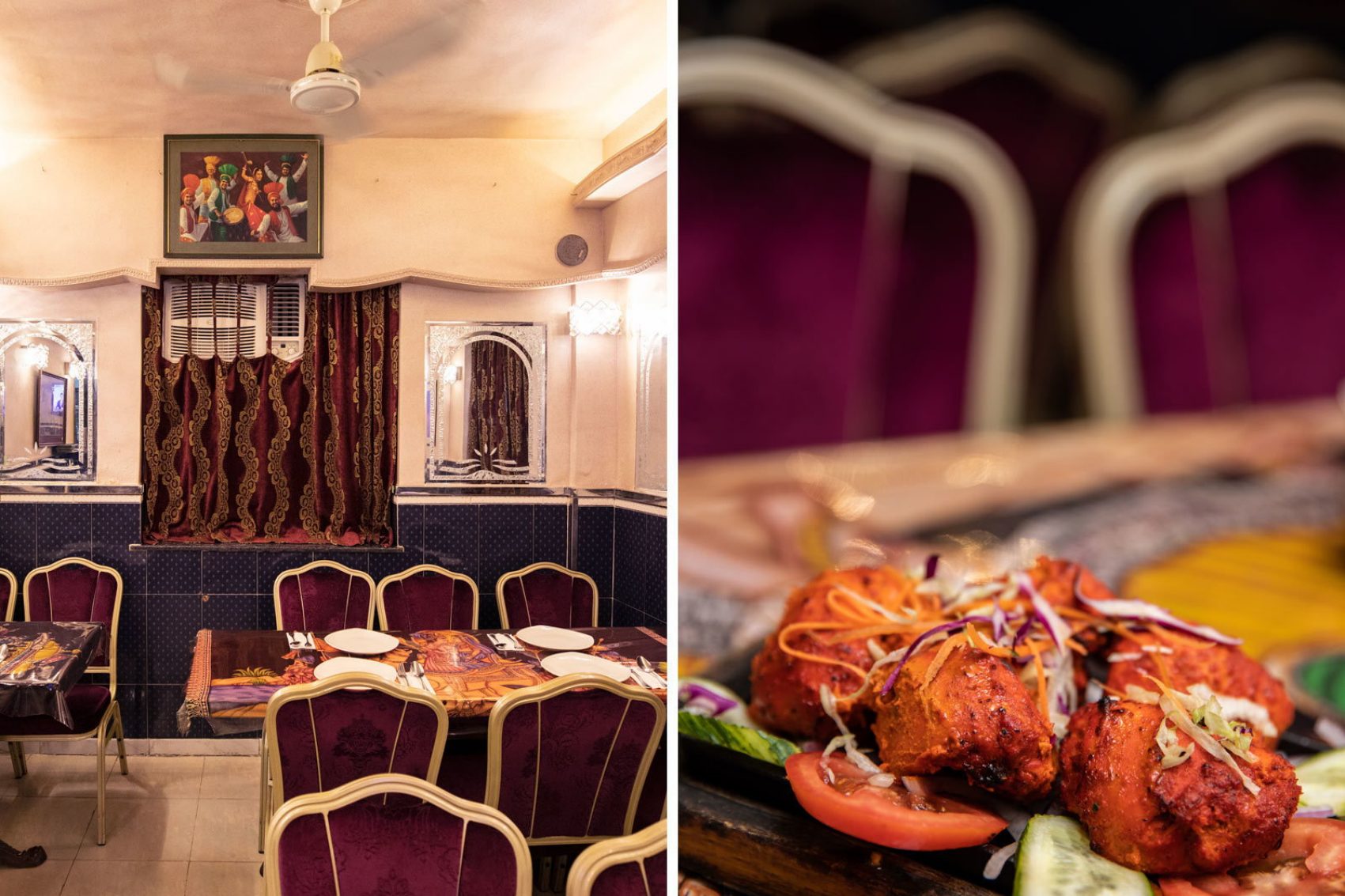 Inside of restaurant and close up of chicken tikka