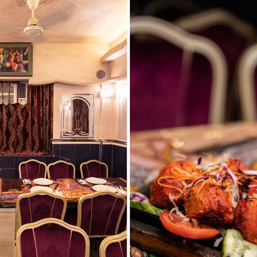 Inside of restaurant and close up of chicken tikka