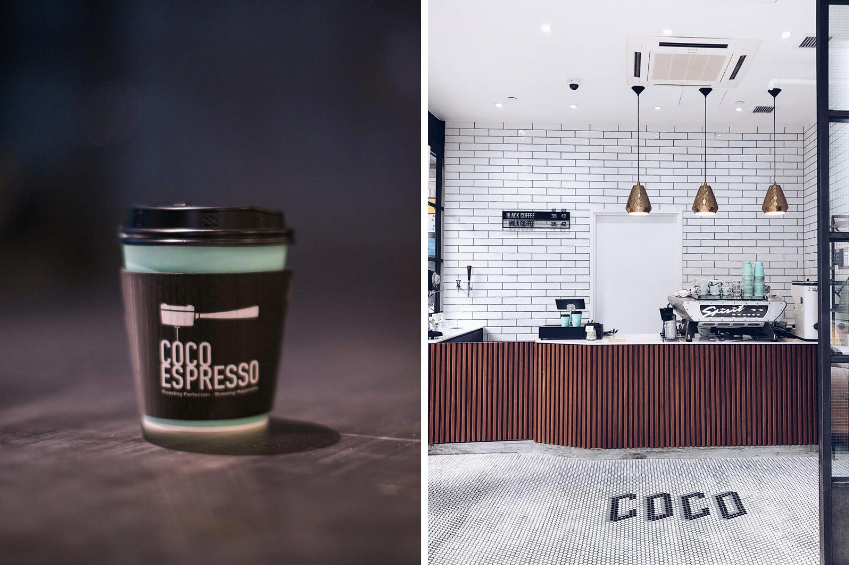 Left image: Coco Expresso cup to go. Right image: Coco Expresso shop