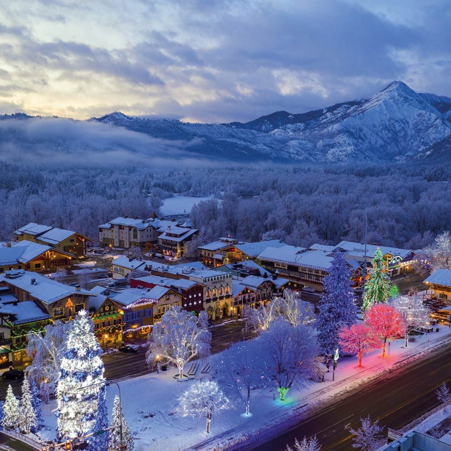 Leavenworth covered in snow from above