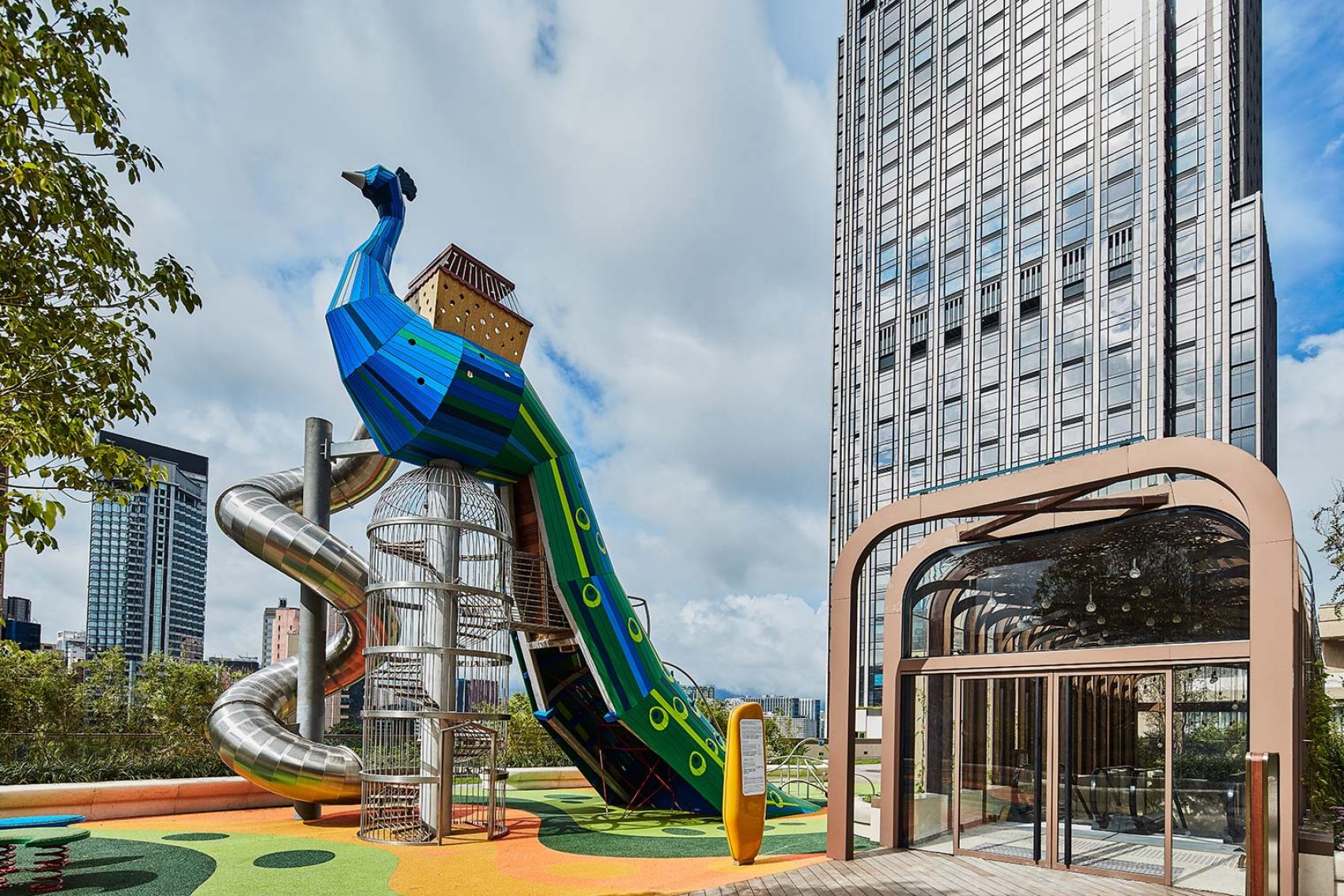  Peacock Playground is named for its nine-metre-tall statue, complete with a tubular slide