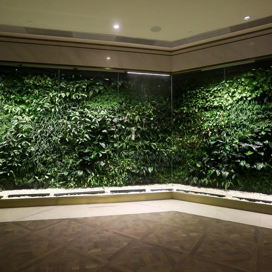 One of the green walls that carpet K11 Musea’s interiors in Hong Kong