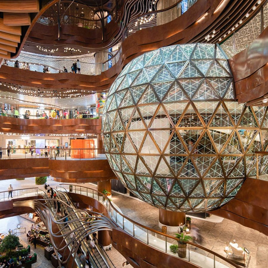 The 10-metre-wide Gold Ball encased in 285 carved glass panels at The main atrium of K11 Musea in Hong Kong