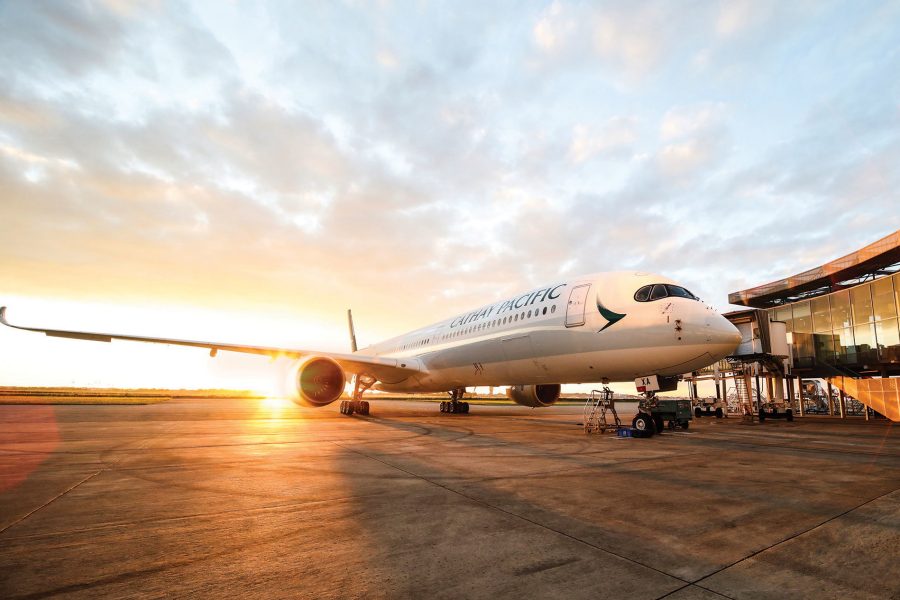 Cathay Pacific aircraft with sunset