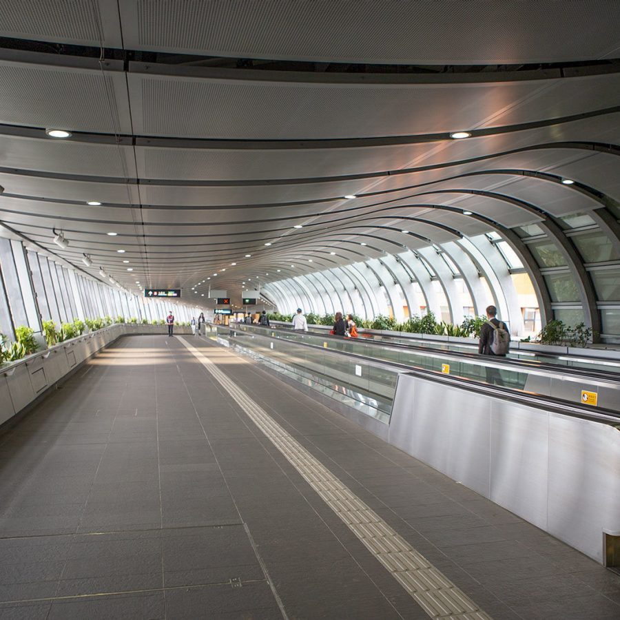 The open-air footbridge which connects Hong Kong West Kowloon station to the Elements shopping mall