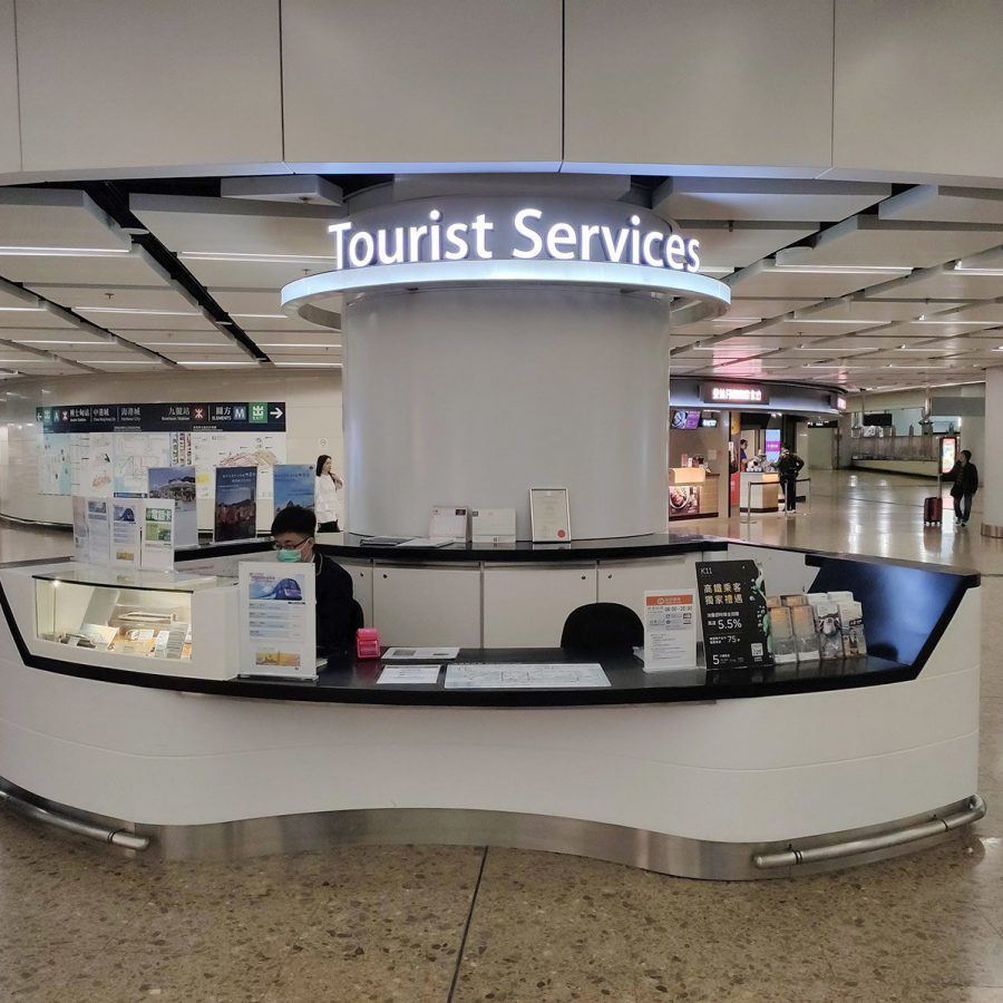A tourist services booth at the Hong Kong West Kowloon Station