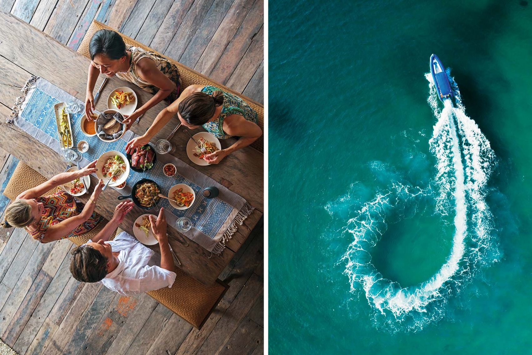 Collage of people gathered over a dining table and a boat in the water
