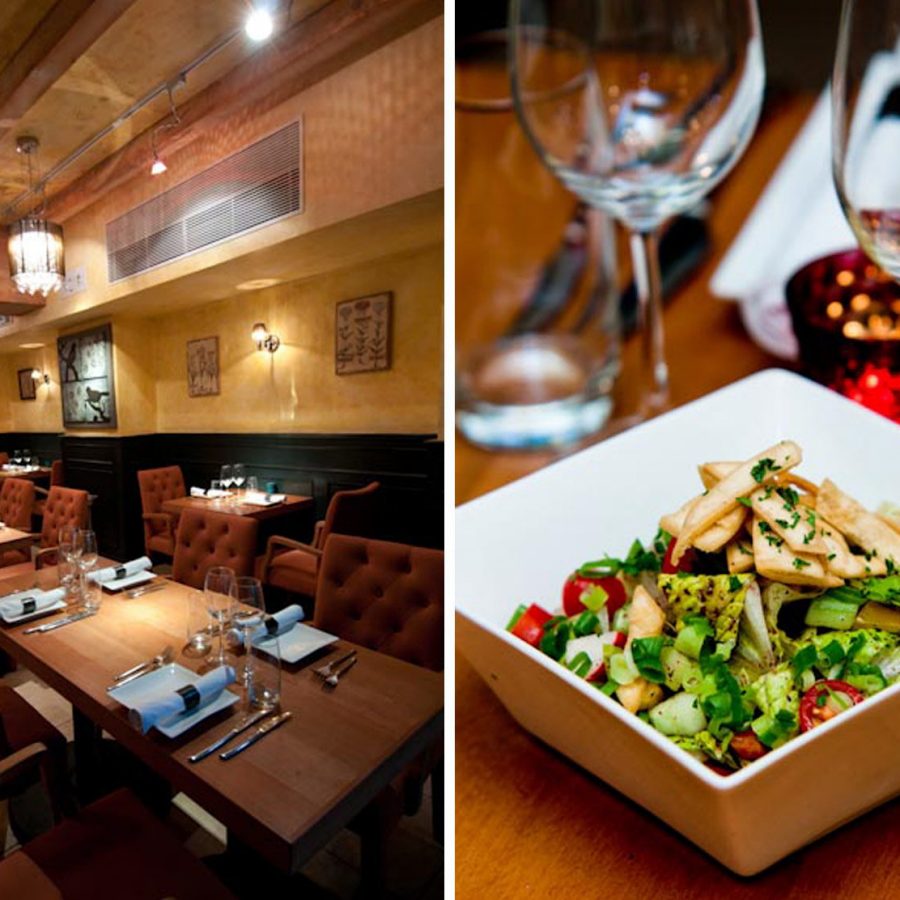 Interior and a Lebanese dish at Sumac