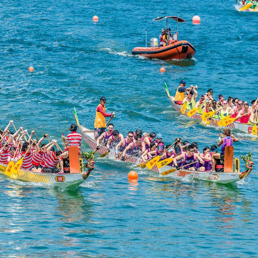 Dragon boat racing at Stanley beach in Hong Kong during the dragon boat festival