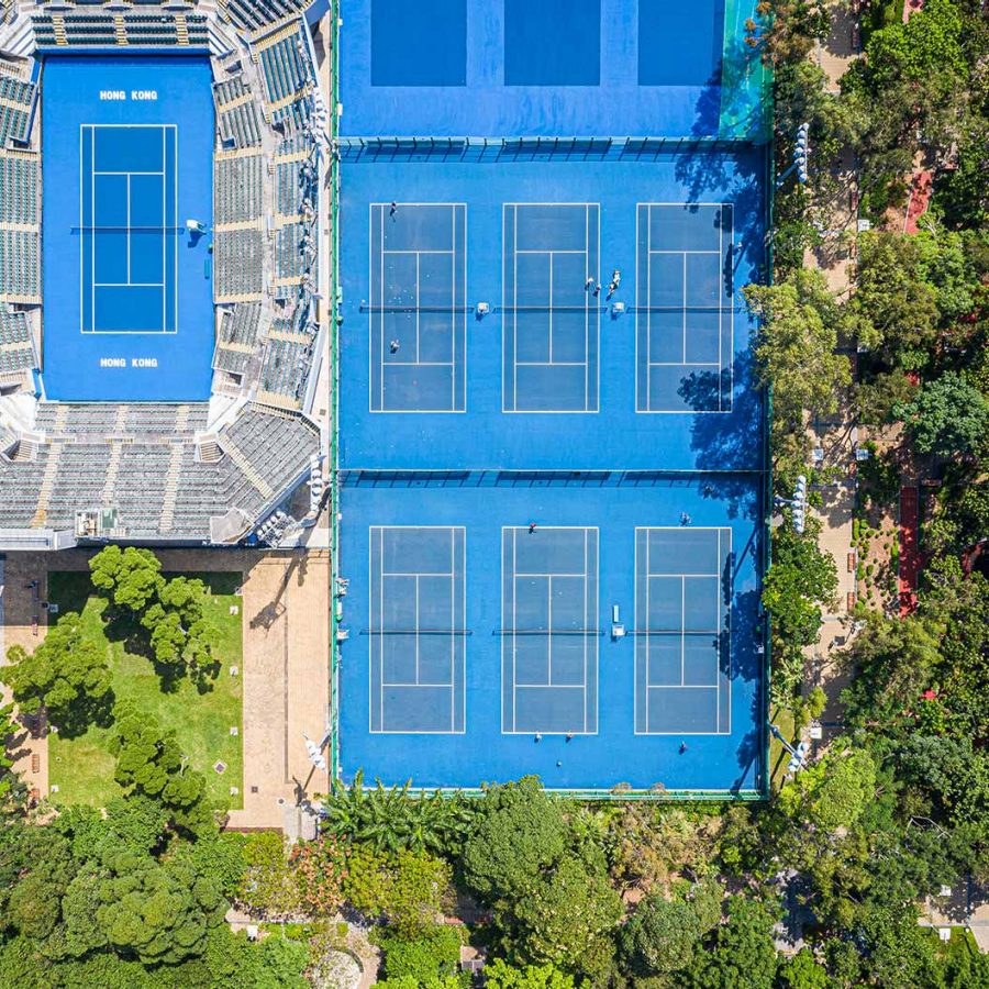 An aerial view of tennis courts in the Victoria Park, Hong Kong
