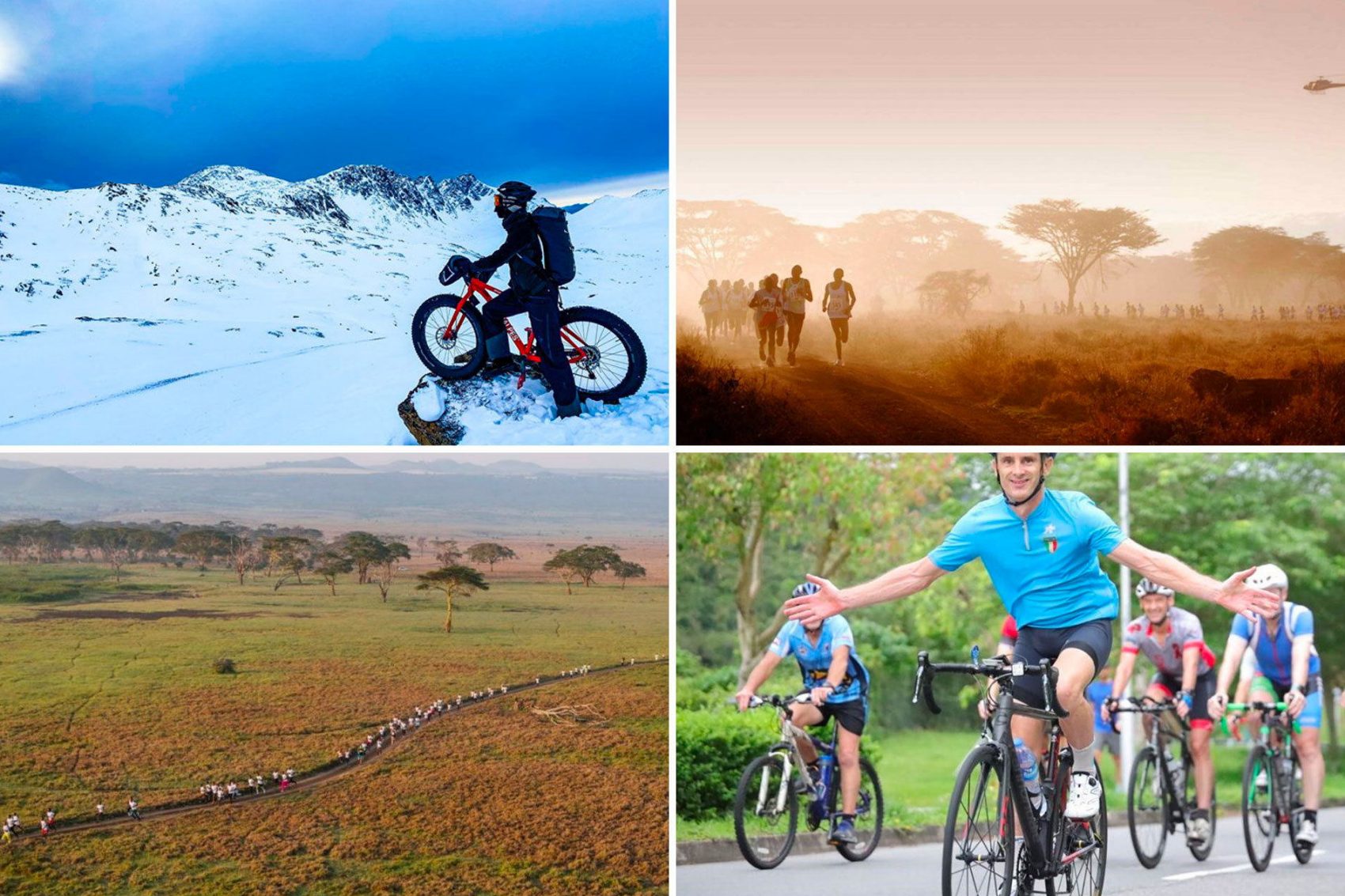 Collage of images showing people walking and cycling in different terrains and on the road
