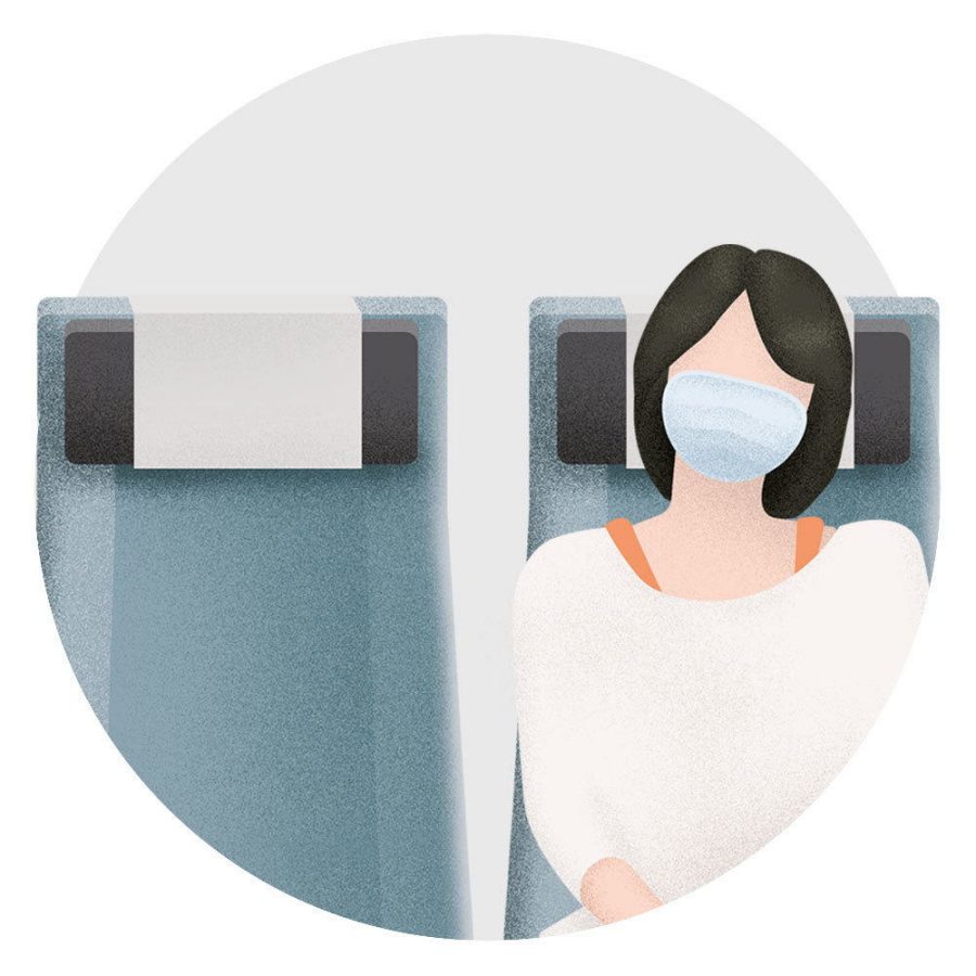Passenger seated with mask onboard a plane