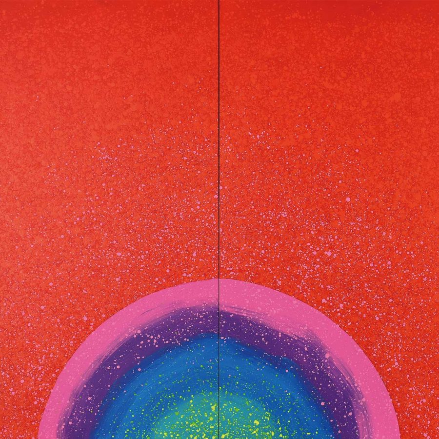 Rainbow painting on a red background