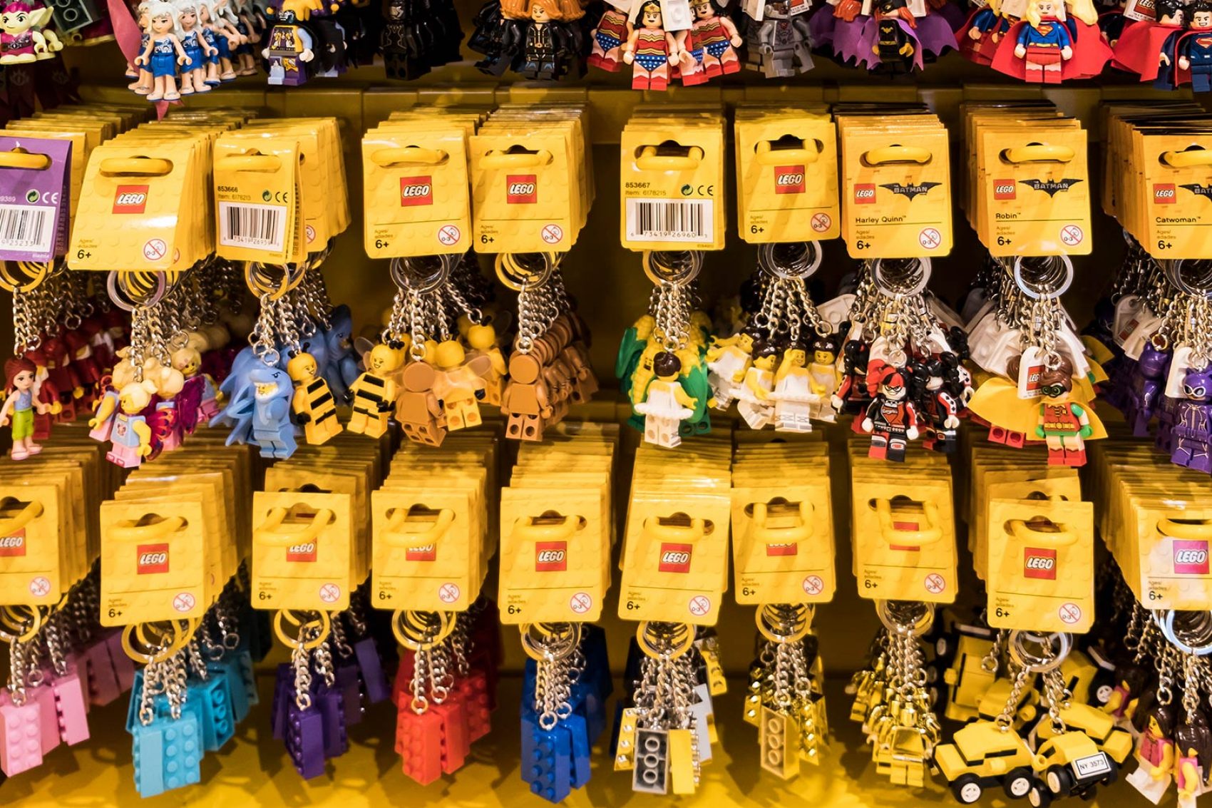 Lego keychains display at the Lego store, one of the best things to do 