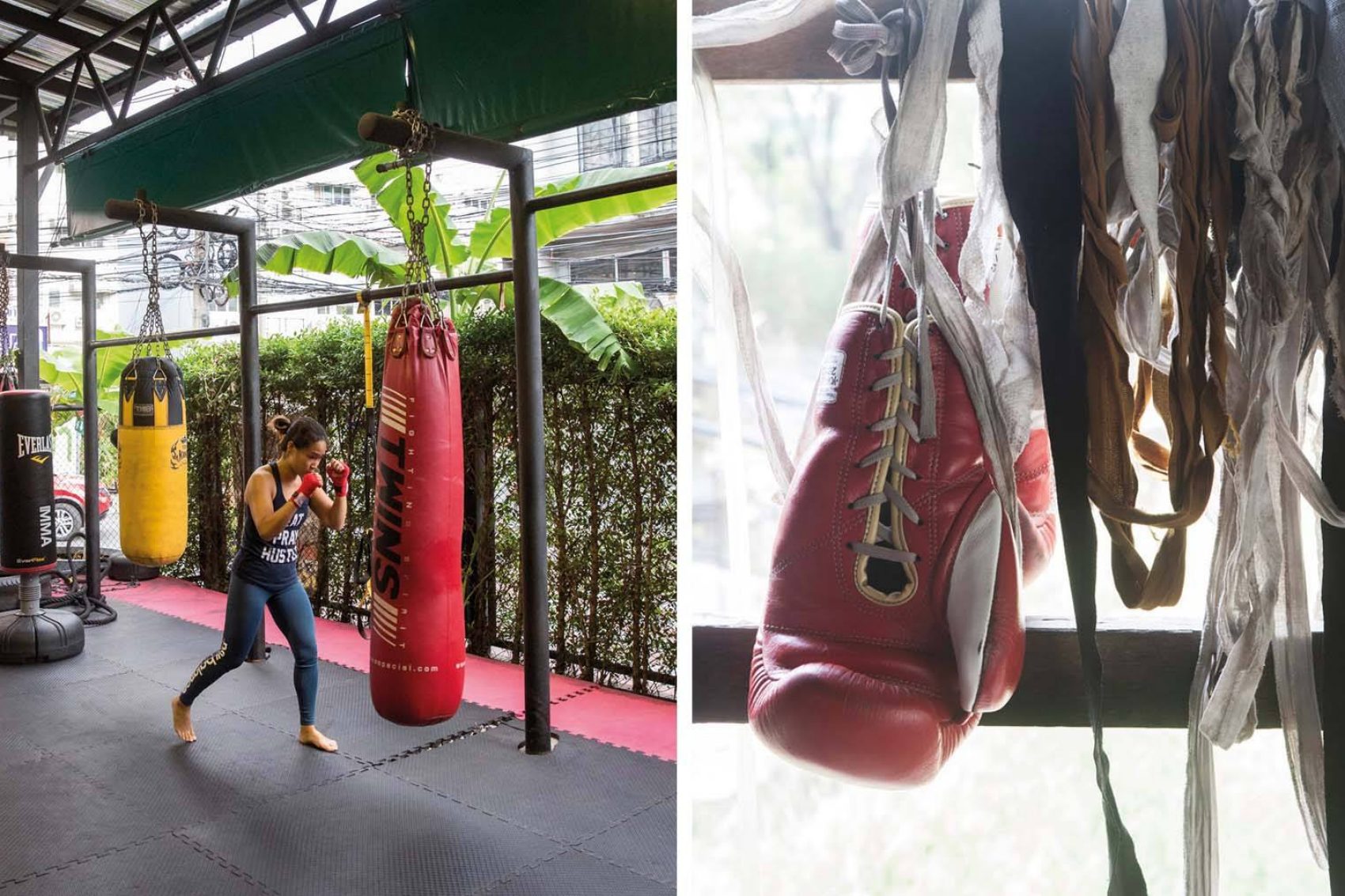 A woman practices Muay Thai