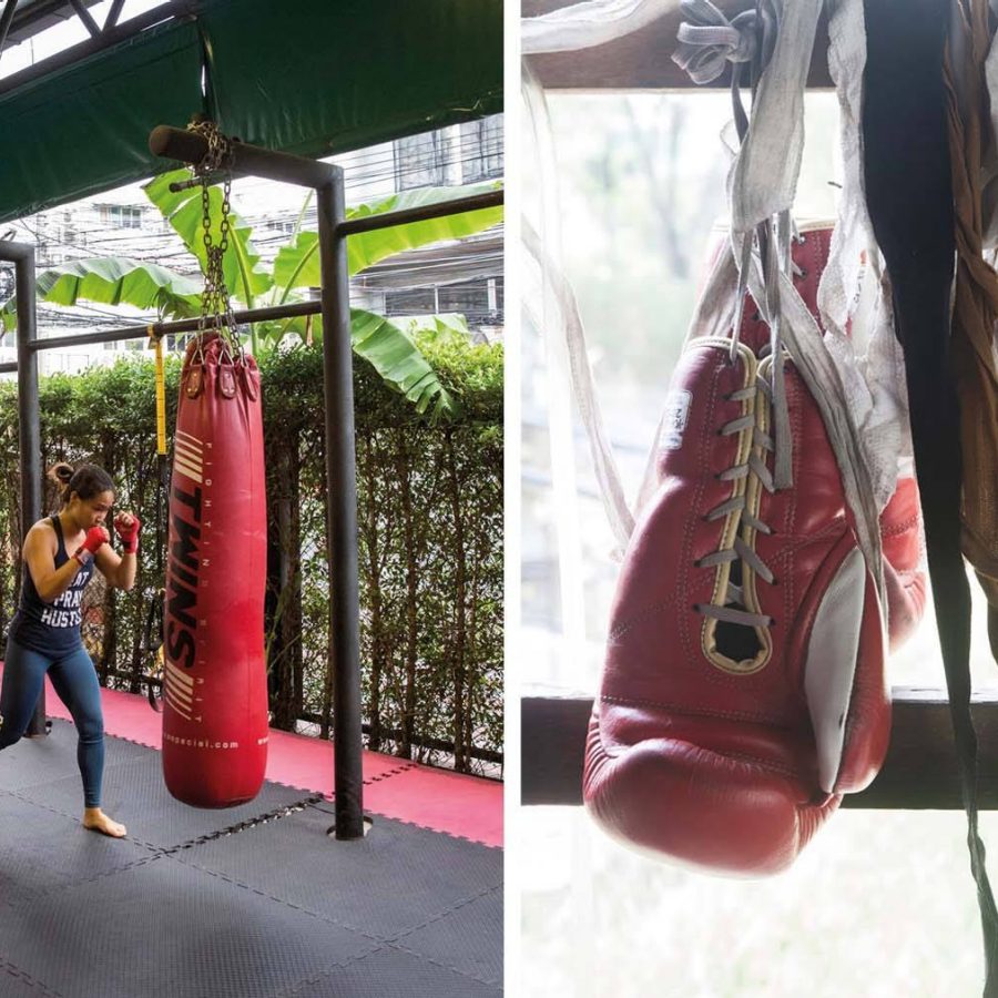 A woman practices Muay Thai