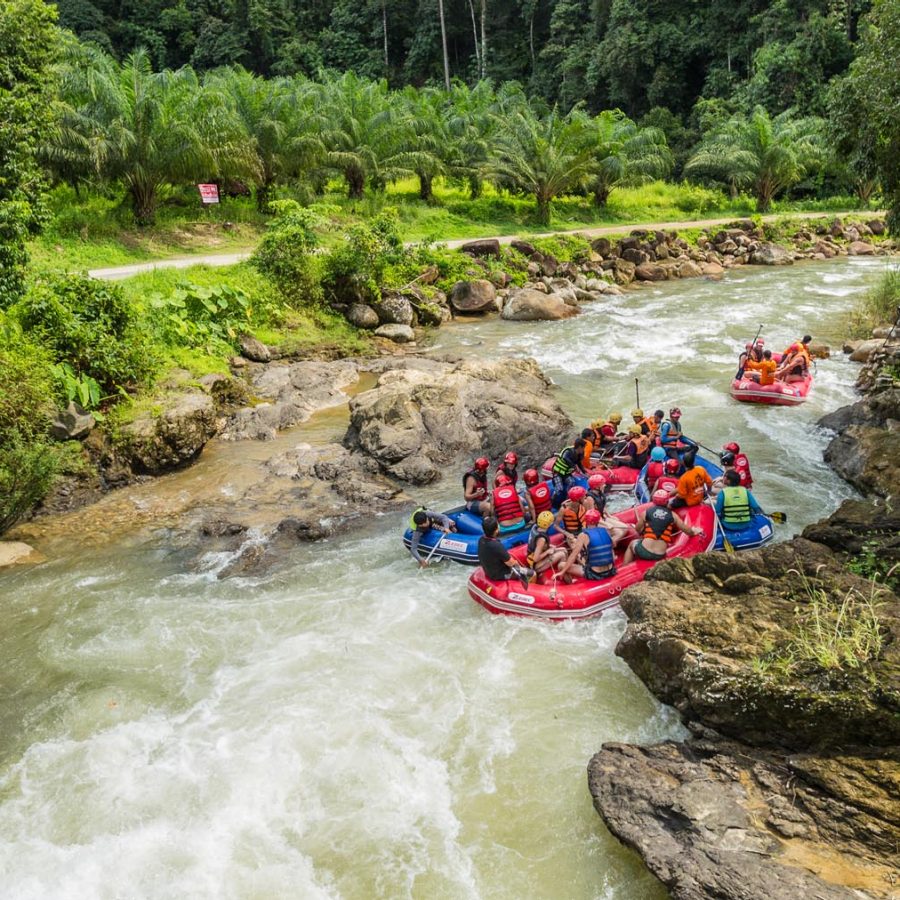 Tourists are rafting in a stream in a forest in Phuket