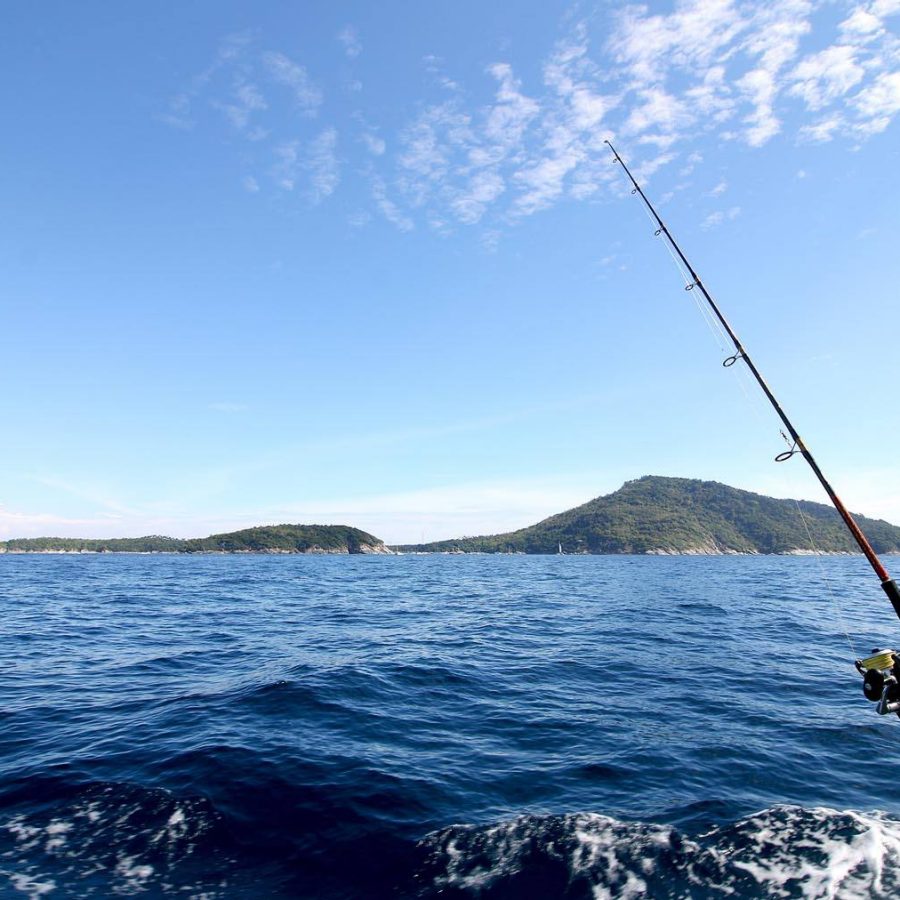 Fishing tools on the boat under the sea and clear sky at Racha Island in Phuket, Thailand