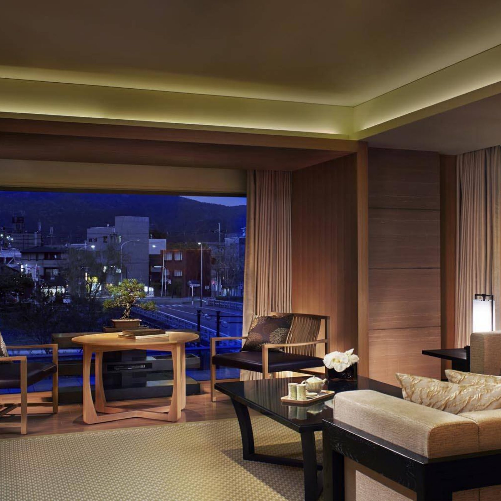 Corner Suite Minami at The Ritz-Carlton, one of the best hotels in Kyoto, offers splendid views of the Kamogawa River and the historic city