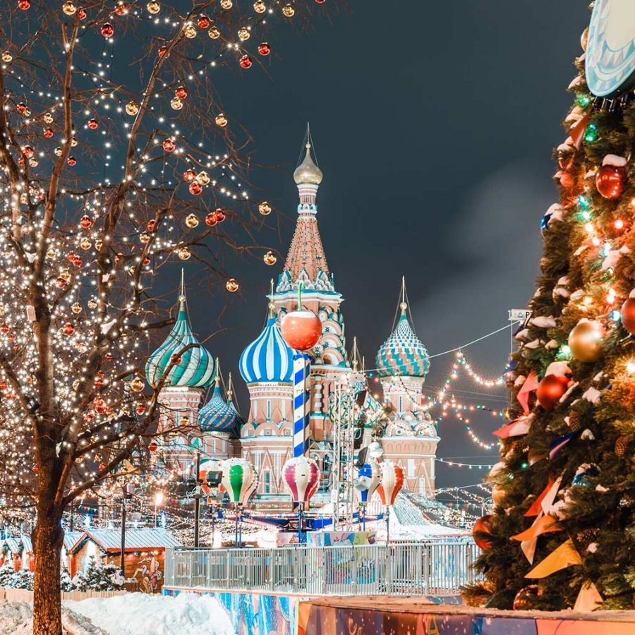Christmas balls on tree branches near to St. Basil's Cathedral on Red square in Moscow 