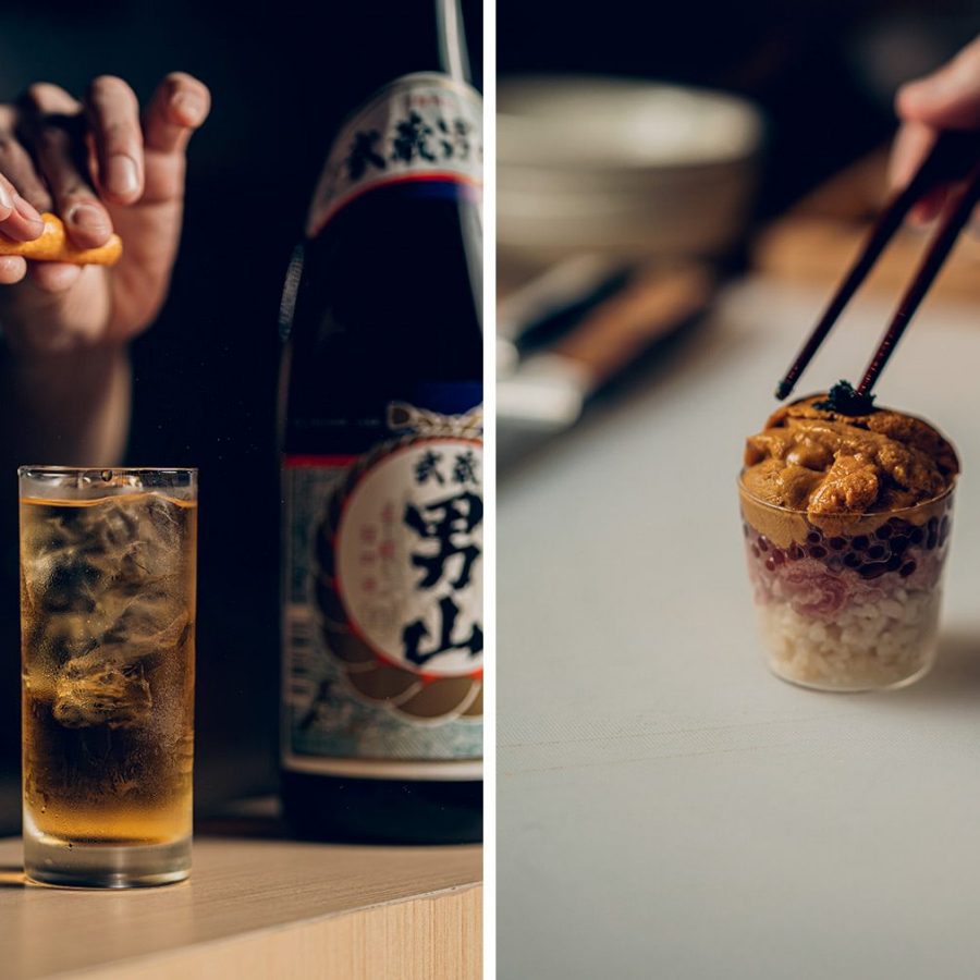 A highball drink and the Uni Fans dish at Rollie, Hong Kong