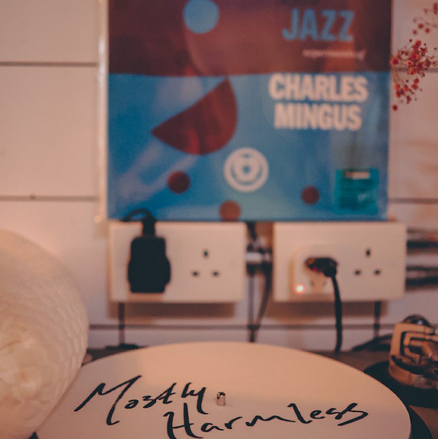 Mostly harmless plate with jazz record behind it