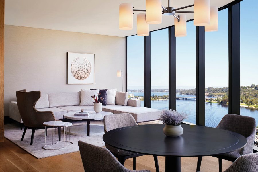 Elizabeth Quay suite living area. The Ritz-Carlton, Perth