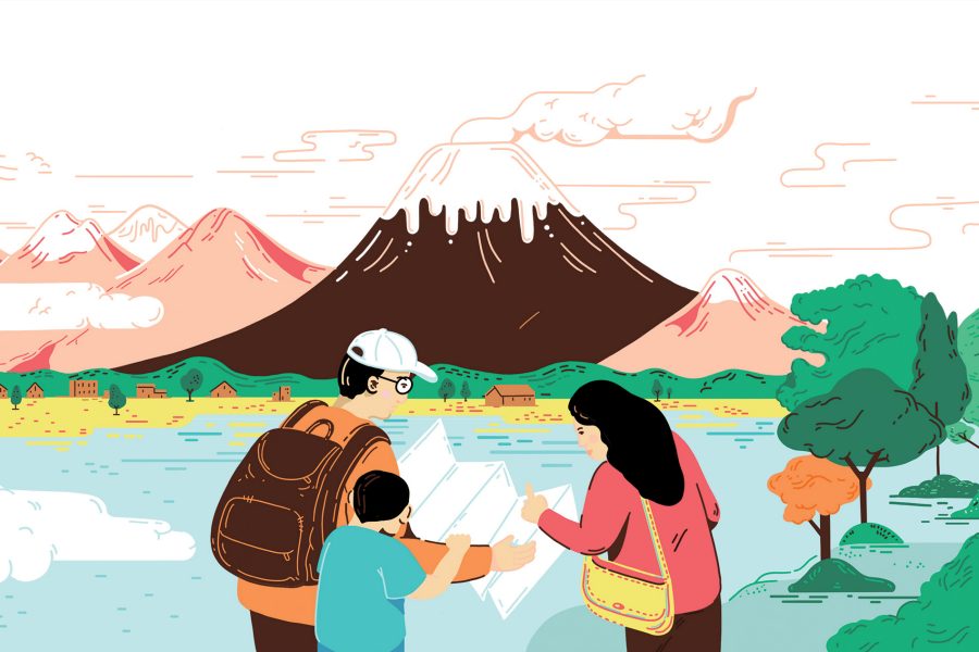 Illustration of family looking at map in front of a mountain. Illustration: Kathleen Fu