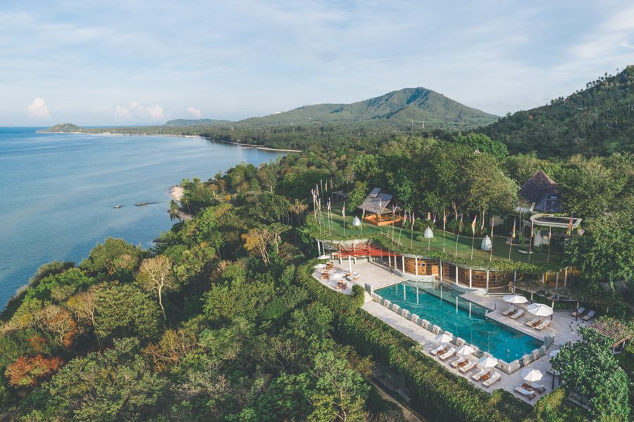 Swimming pool and hotel from above