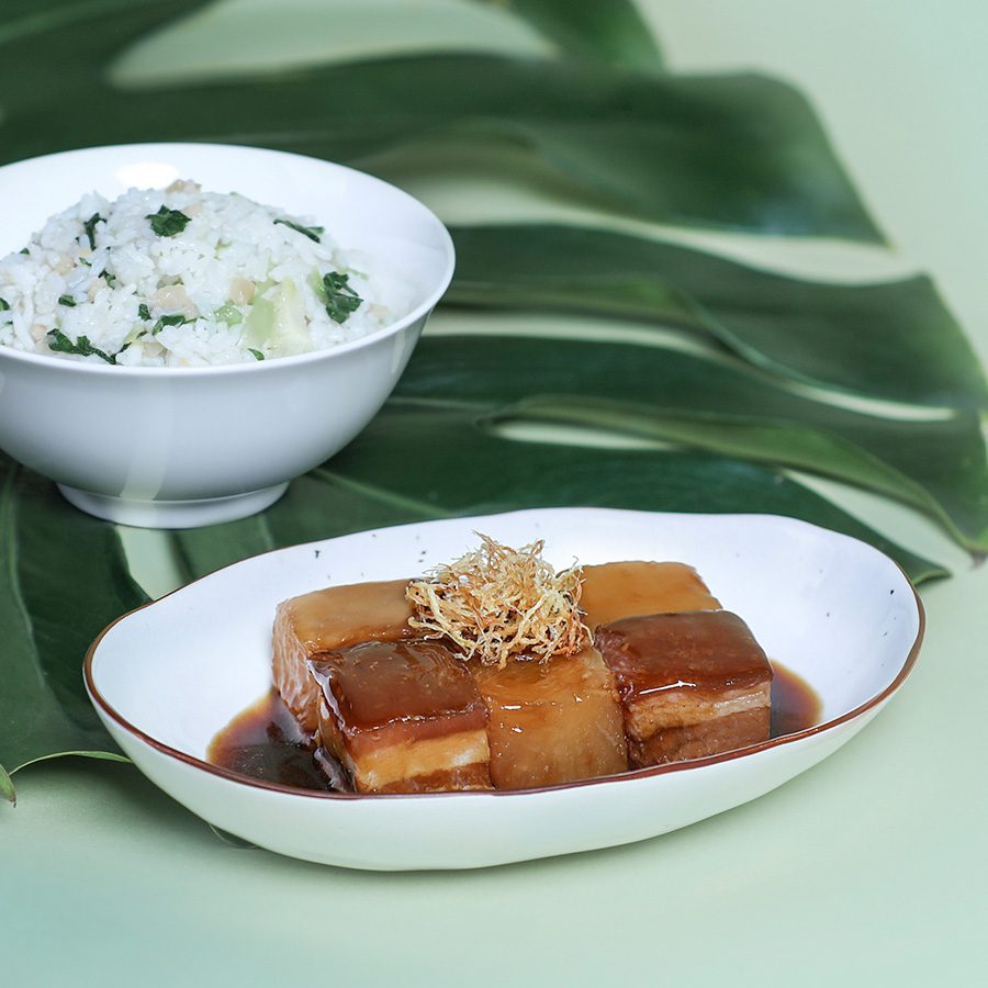 Red braised Iberico pork belly with radish, salted fish and vegetable rice. Sweet, sticky and melt-in-your-mouth all at once, cut through by tender radish and deep-fried julienned ginger