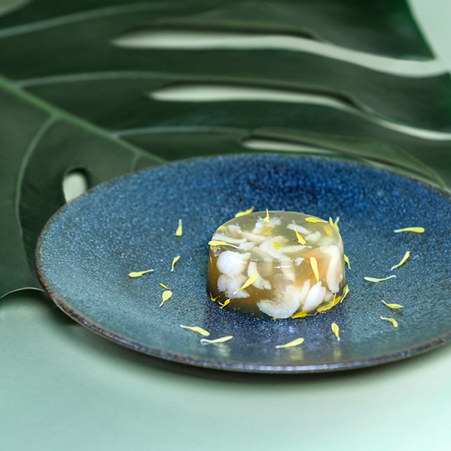 Chrysanthemum and longan jelly. A light, refreshing dessert with a delicate balance of sweetness and aroma, and roots in Traditional Chinese Medicine