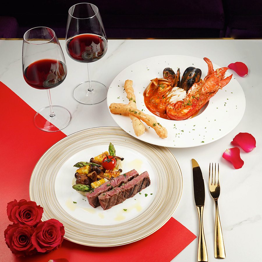 Steak and langoustine  served with red wine