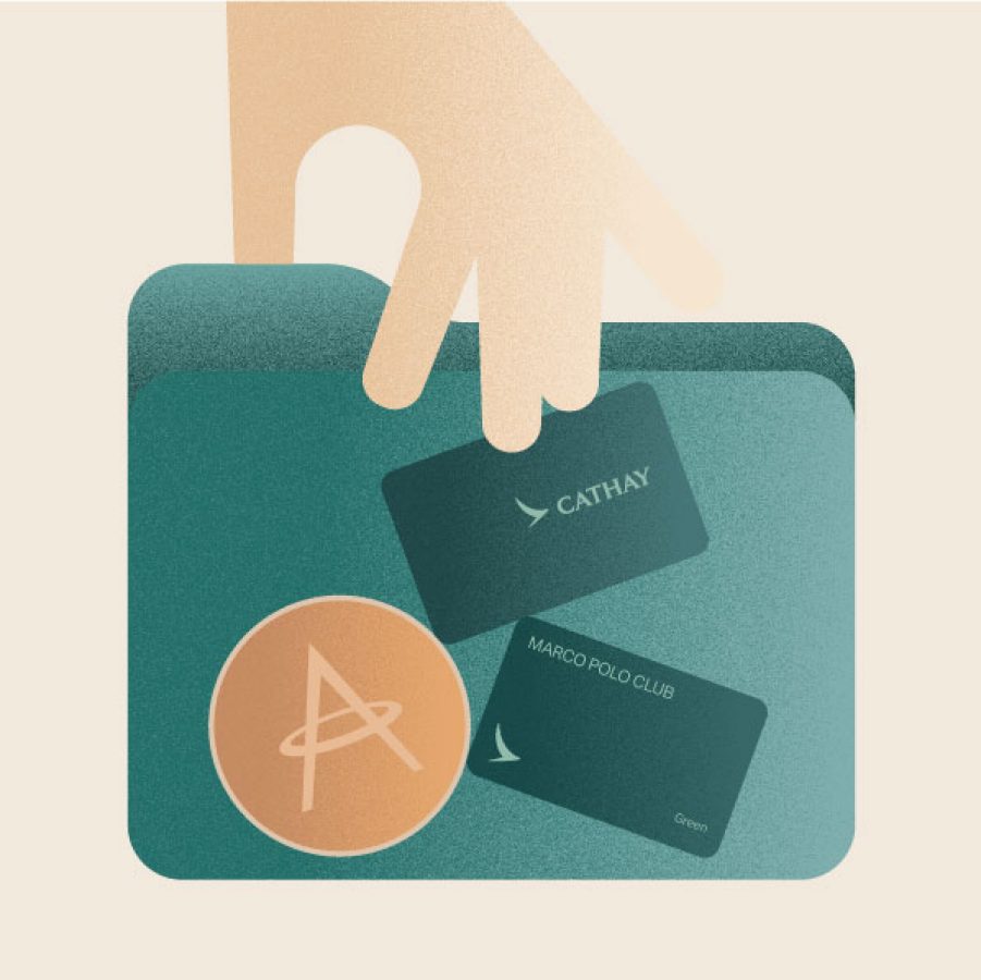 Illustration of Asia Miles coin and Cathay Pacific's Cathay Membership card