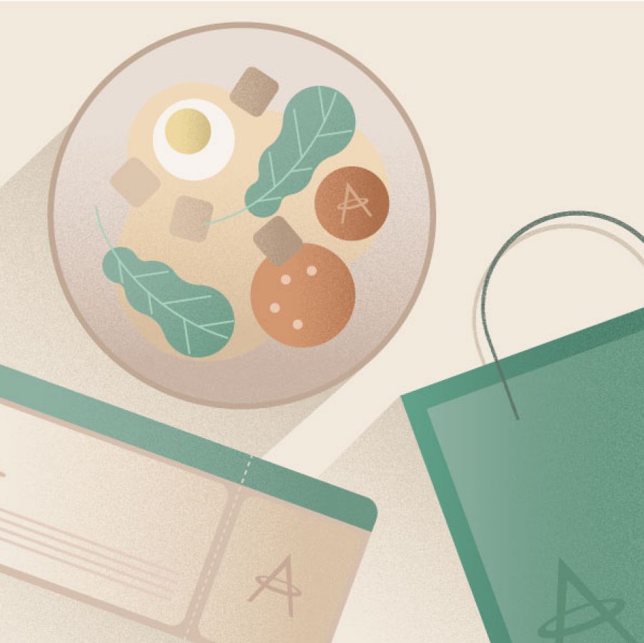 Illustration of ticket, meal and shopping bag