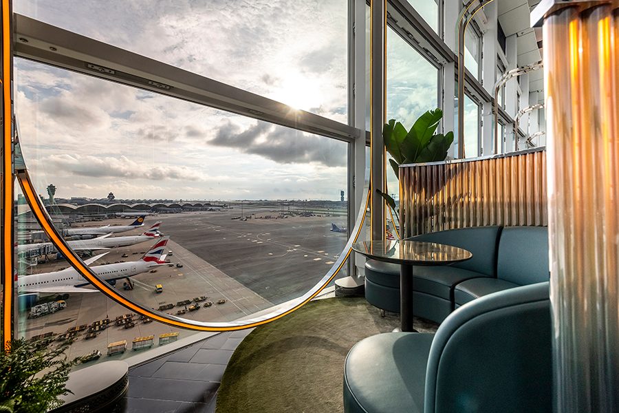A floor-to-ceiling view of the Hong Kong International Airport runways at Intervals Sky Bar and Restaurant.