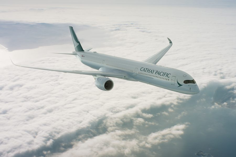 A Cathay Pacific plane in flight 