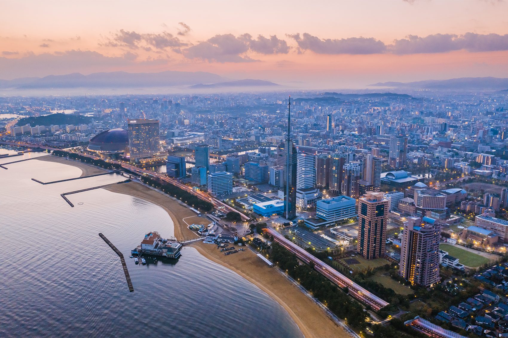 An aerial view of Fukuoka at dusk