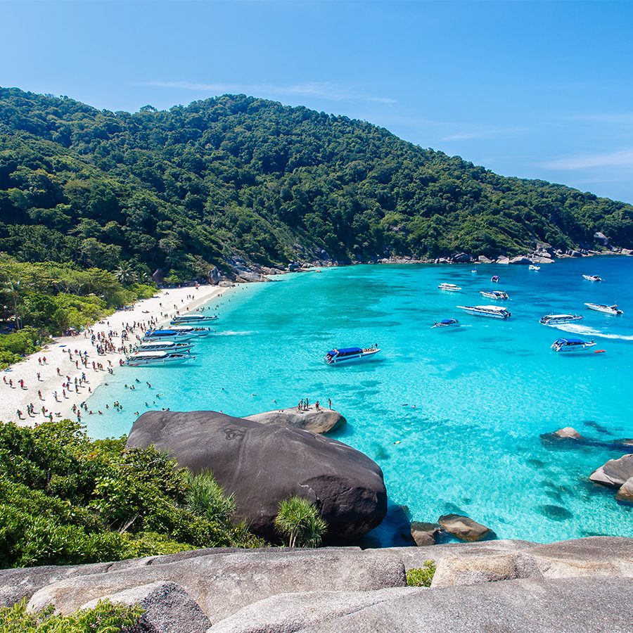 Many boats in clear blue sea near a beach of Similan Islands, Thailand