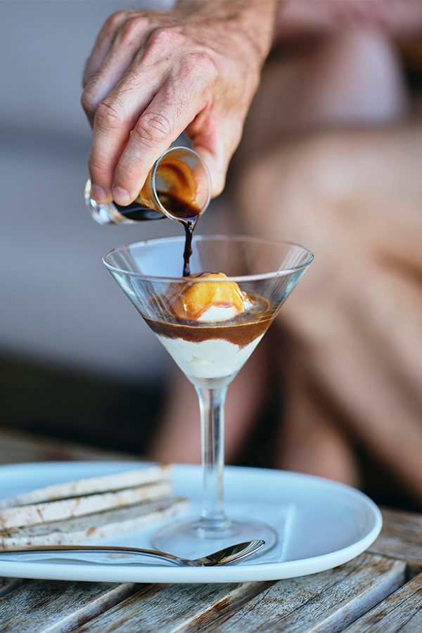 Coffee affogato in a cocktail glass