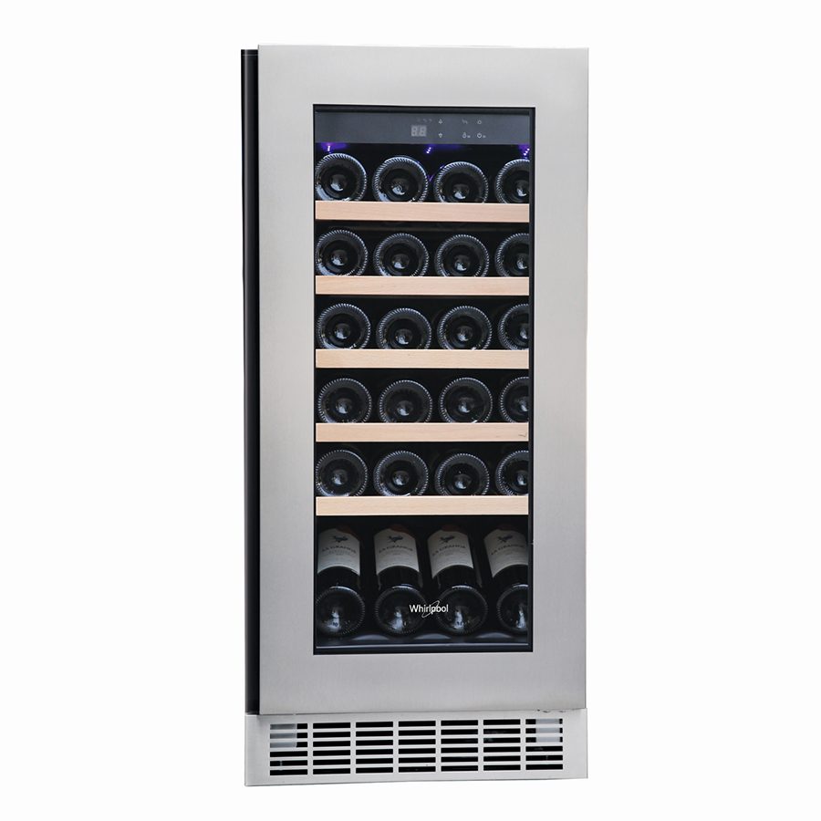A full body view of Whirlpool wine cooler, featuring a collection of wines on display through the cabinet window